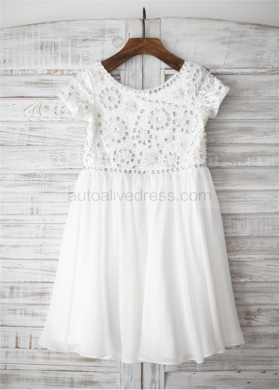 Ivory Chiffon Beaded Short Sleeves Knee Length Flower Girl Dress 